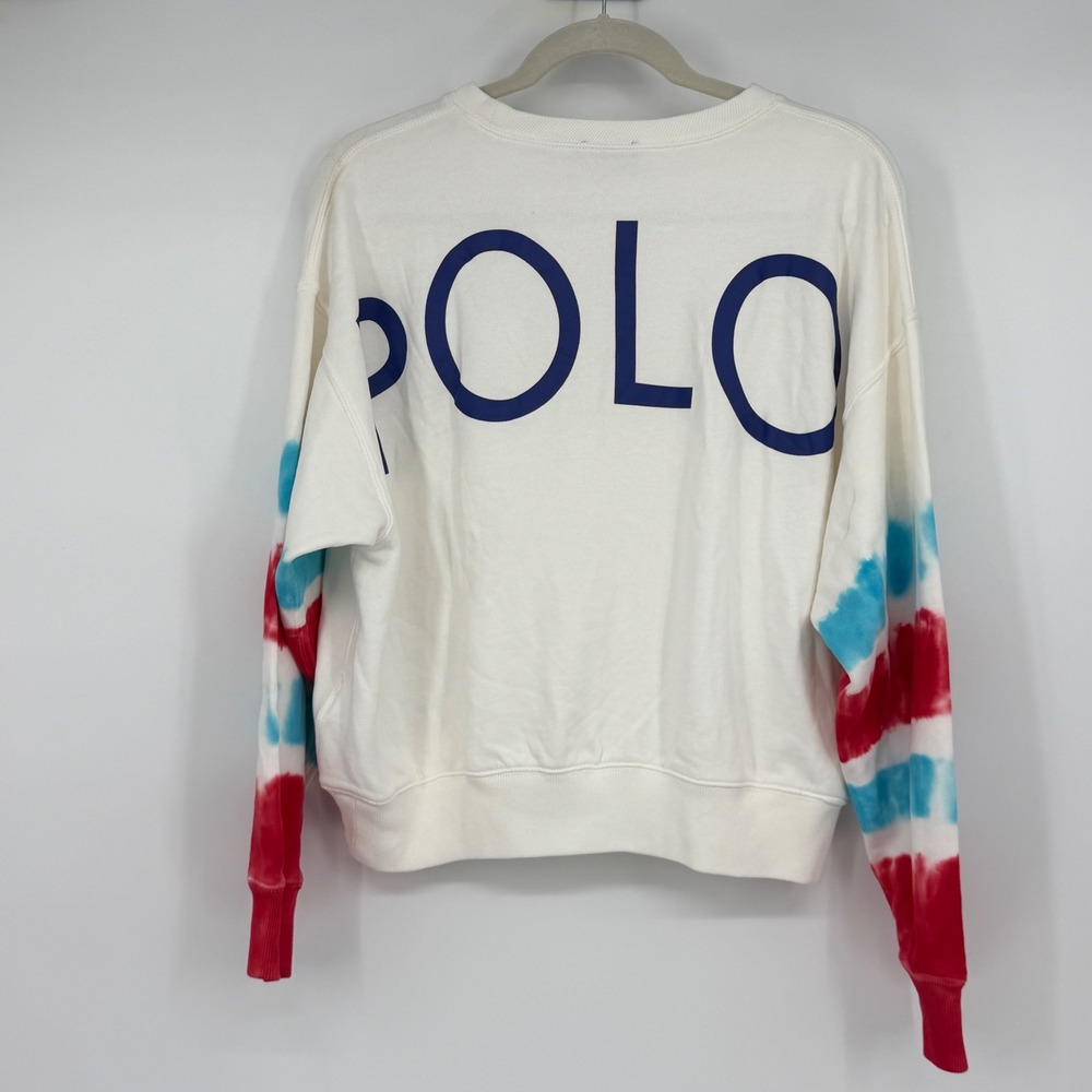 Polo Ralph Lauren Sweatshirt Women XS White Tie Dye Sleeve Spellout Cotton